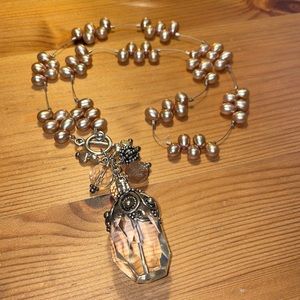 Handcrafted Faux Pearl Beaded Necklace with Clear Center Stone